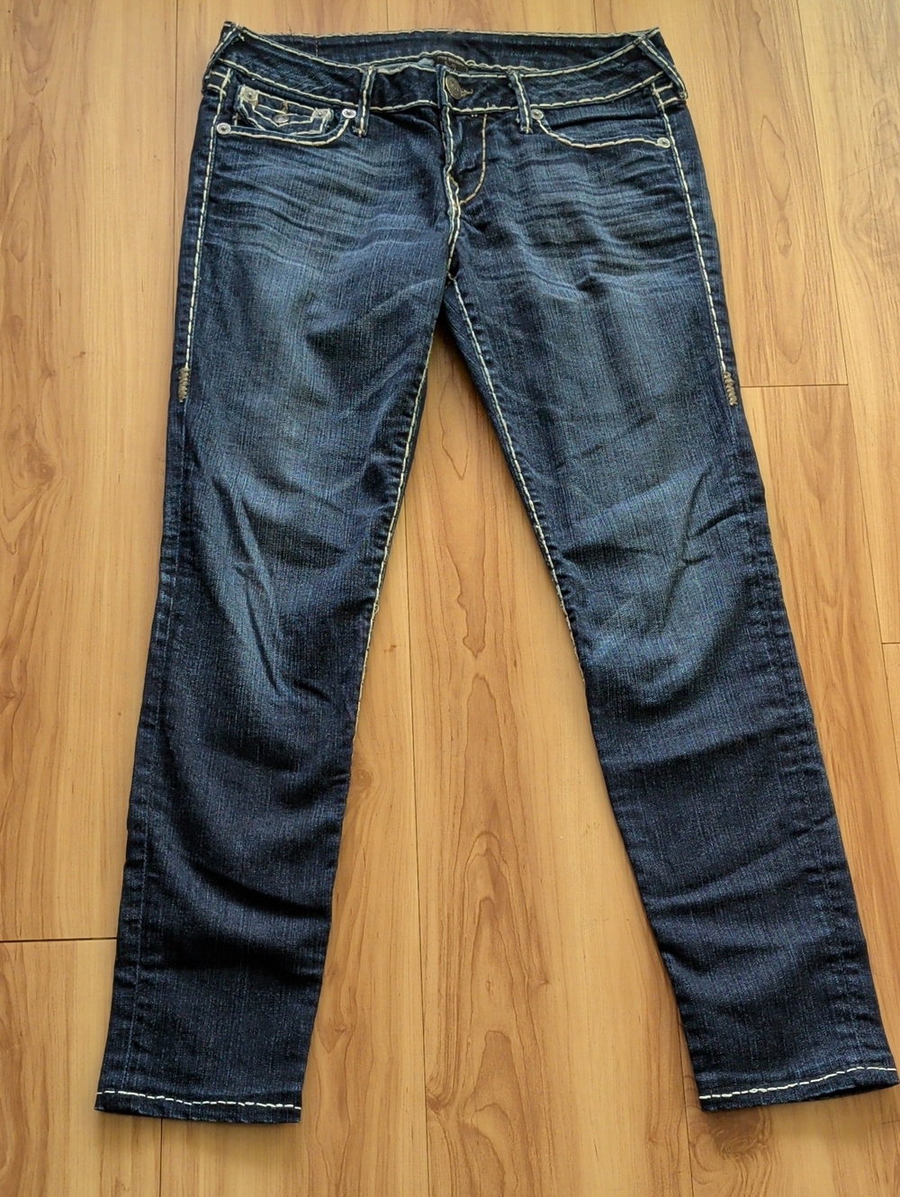 True Religion Women's Straight Leg Jeans in Dark Blue with Contrast Stitching